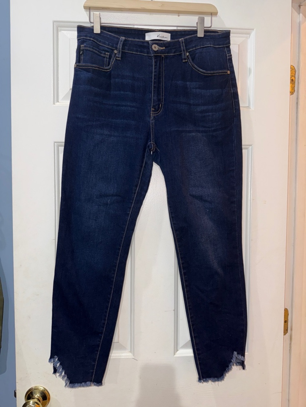 KanCan Dark Indigo Ankle Jeans with Raw Fray Hem